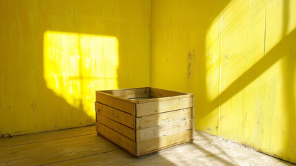A wooden box is sitting in a room with yellow walls
