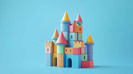 A colorful castle made of blocks is on a blue background