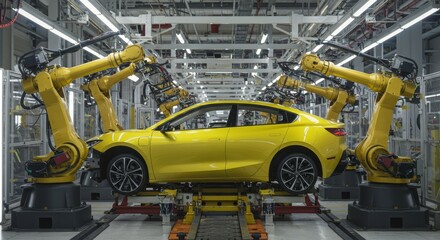 Automated Car Manufacturing Process - Yellow car on assembly line with robotic arms, showcasing modern automotive production technology