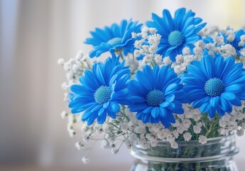 Vibrant Blue Flowers in a Glass Vase Surrounded by Delicate White Baby's Breath on a Soft Faded Background