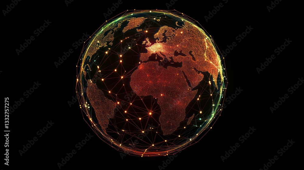 Poster global network earth, connected world, digital map, visualizing global connections. possible use edu