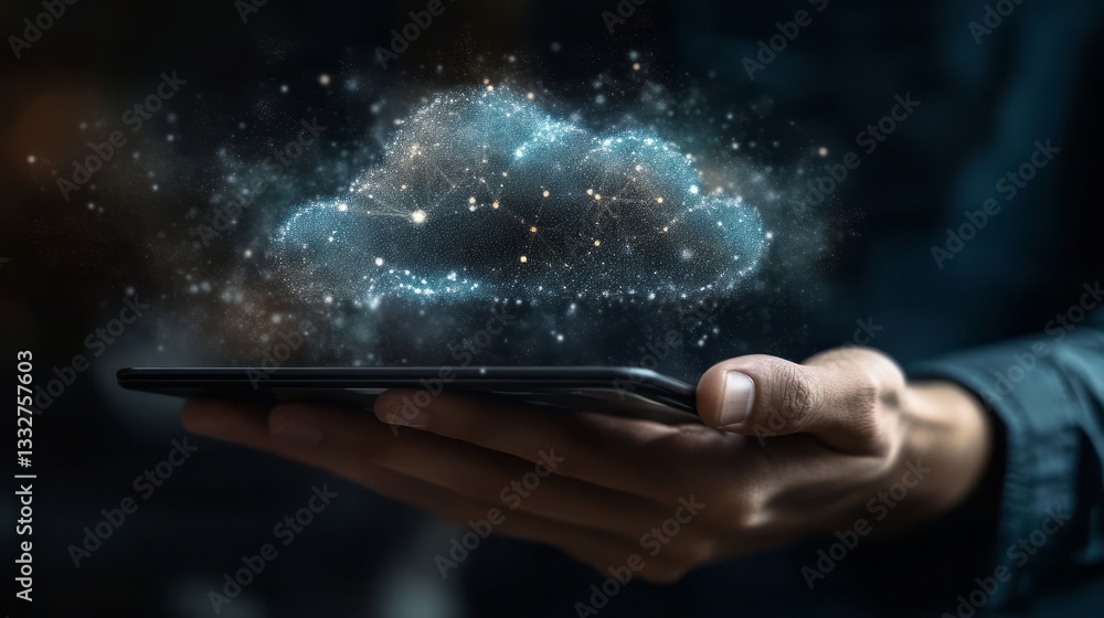 Poster a person holding an electronic device with a glowing cloud symbol on the screen, representing techno