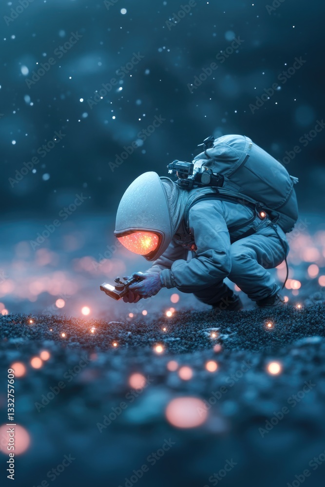 Poster futuristic explorer documenting alien creature with glowing features in expansive glowing field surr