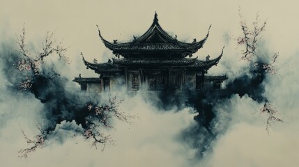 Obraz premium Asian architectural landscape with a tiered pagoda roof shrouded in mist and flowering branches