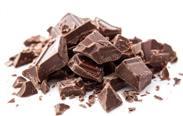 Pile of Rich Dark Chocolate Chunks on White Background Closeup