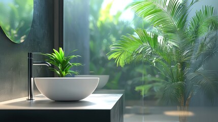Serene Modern Bathroom Oasis: Lush Greenery and Minimalist Design