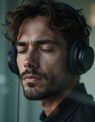 Man with headphones enjoying music with eyes closed
