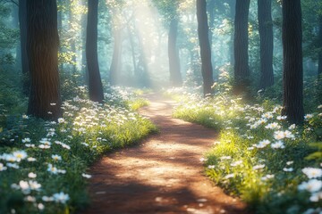 Fototapeta premium Gentle sunlight filters through tall trees along a serene forest path adorned with blooming wildflowers