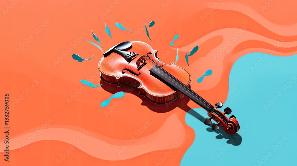 Poster vibrant abstract design showing musical notes emerging from violin surrounded by swirling color wave