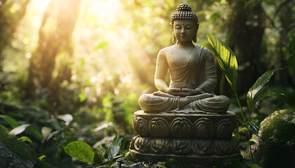 Buddha statue meditating in lotus position in a natural setting. Buddhist sculpture in serene landscape. Concept of Zen, meditation, religion, peace, spiritual awakening