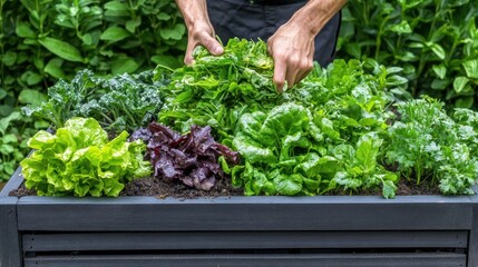Fototapeta premium Gardening: Fresh Greens Harvesting from Raised Garden Bed