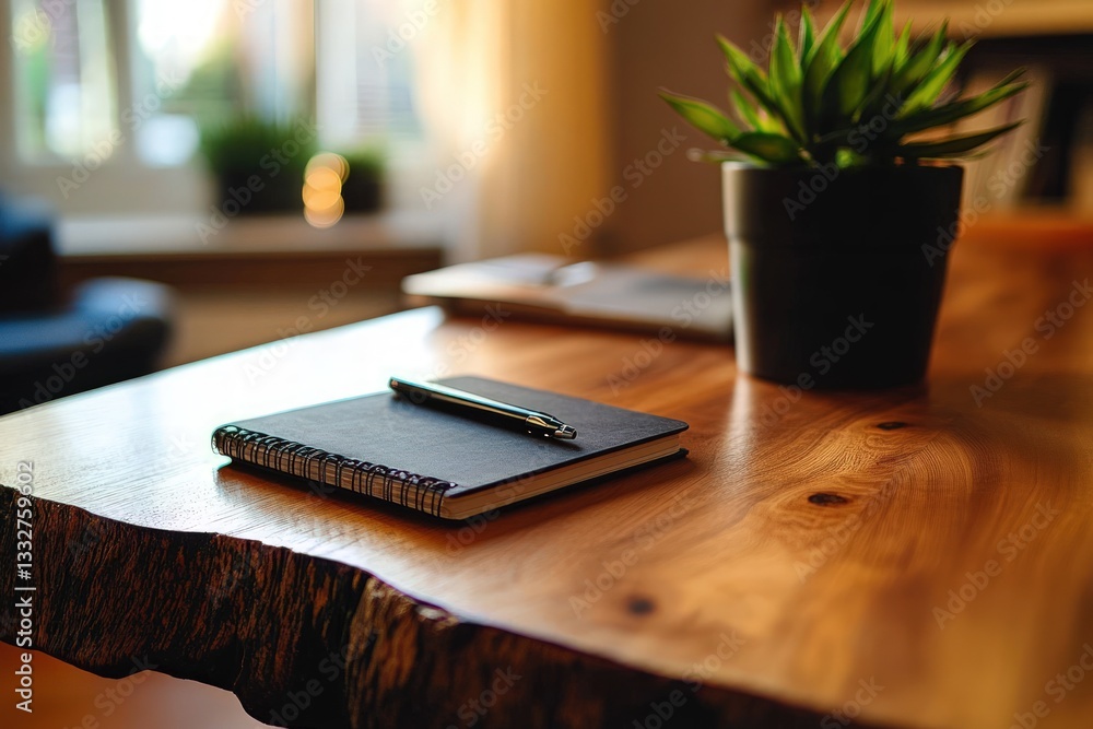 Poster cozy workspace with notebook and pen on a wooden table