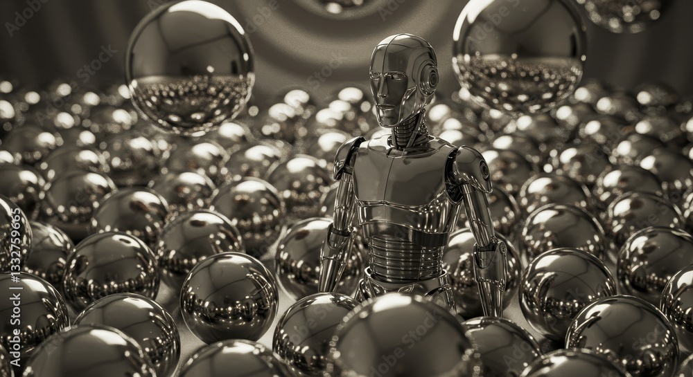 Poster chrome robot amidst spheres - a metallic robot stands among numerous reflective spheres, creating a 