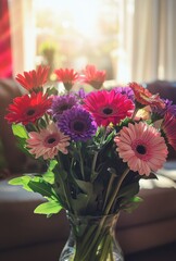Vibrant Bouquet of Gerbera Daisies in a Sunlit Living Room with Soft Comfortable Sofa and Natural Light Creating a Cheerful Ambiance