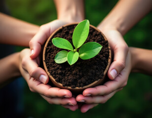 Hands Holding Young Plant Growing in Soil - Symbol of Environmental Conservation