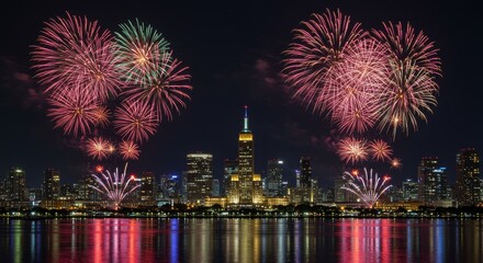 Fototapeta premium Cityscape Fireworks Celebration - Festive city skyline, vibrant fireworks display over water, reflecting lights, celebratory atmosphere, urban spectacle