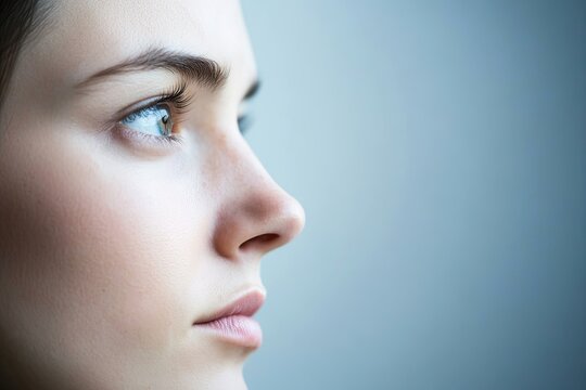 close-up of person thoughtful gaze reflecting on personal growth serene expression and calm background showcase journey
