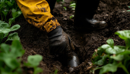 Fototapeta premium Landscaper Installing Drainage Pipe in Garden with Focus on DIY Construction, Outdoor Maintenance, Efficient Gardening Solutions