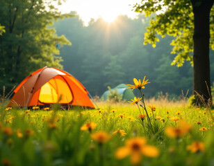 Summer Camping at Sunrise in Blooming Field