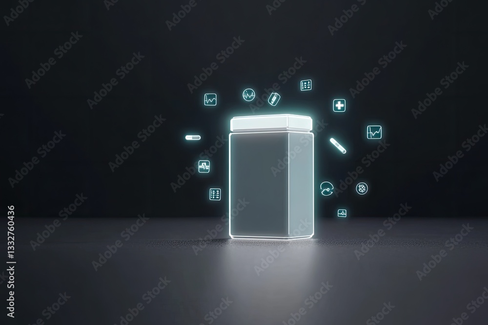 Poster glowing holographic representation of pill box with digital icons surrounding it symbolizing advance