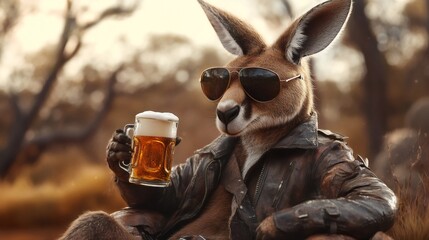 Tough biker kangaroo sporting shades, leather jacket, gripping beer mug while lounging outdoors with confident, laid back attitude