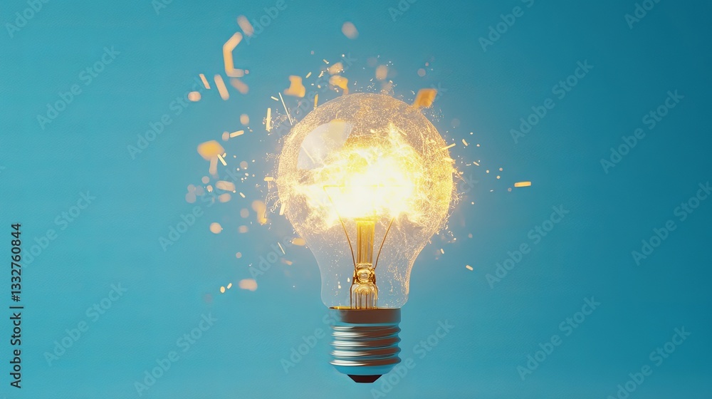 Poster 3d animation of an exploding light bulb on a blue background – creative destruction and innovation c