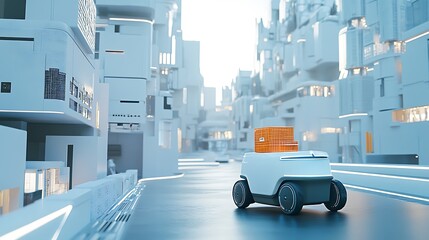 Autonomous delivery vehicle in futuristic city.  A self-driving robot delivery vehicle, carrying orange cargo containers, navigates a modern,