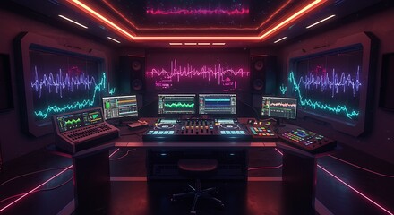 Modern Music Recording Studio with Mixing Desk and Waveform Displays