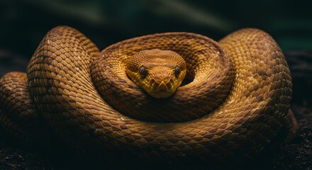 Fototapeta premium Coiled Serpent in Shadow - A close-up of a coiled brown snake, its scales detailed, in a dark setting. The snake's head is visible at the center
