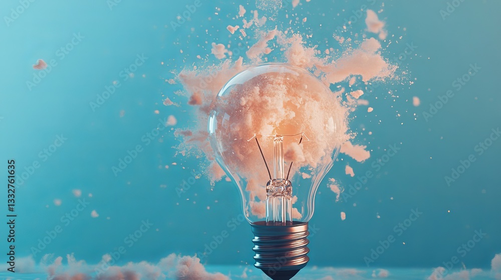 Poster 3d animation of an exploding light bulb on a blue background – creative destruction and innovation c