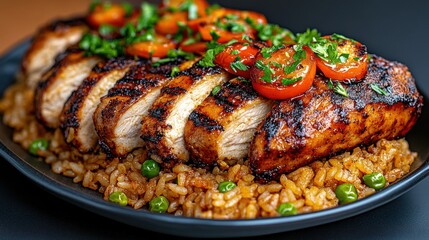 Delicious Grilled Chicken Breast Slices with Rice and Cherry Tomatoes