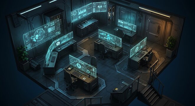 Analyzing Futuristic Control Room with Data Visualization Screens and Workstations