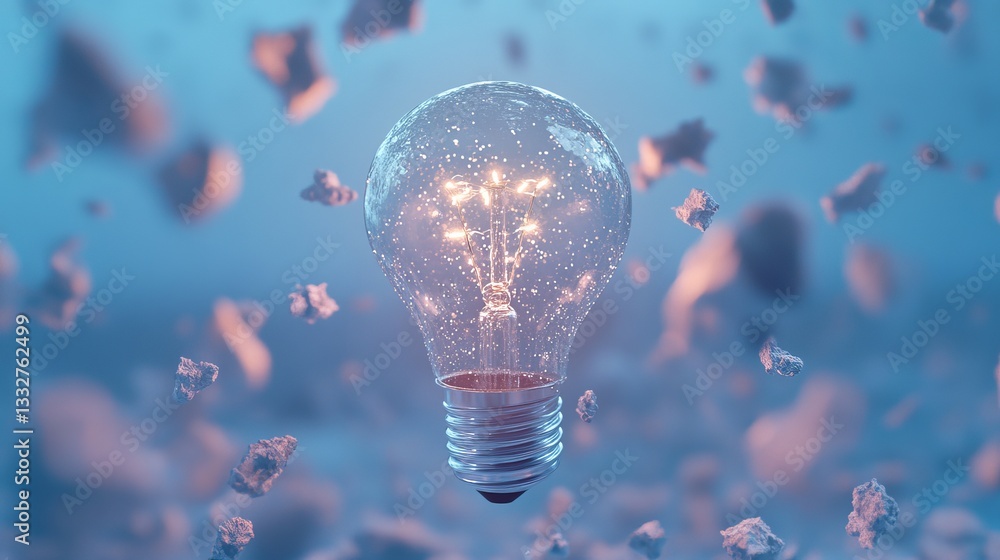 Poster 3d animation of an exploding light bulb on a blue background – creative destruction and innovation c