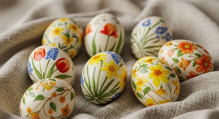 Decorated Easter Eggs on Fabric - Eight hand-painted Easter eggs adorned with spring flowers rest on a beige fabric