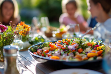A warm and joyful family moment as parents serve a healthy vegetable salad around the dinner table, with children eagerly helping, creating a nourishing and wholesome atmosphere filled with love