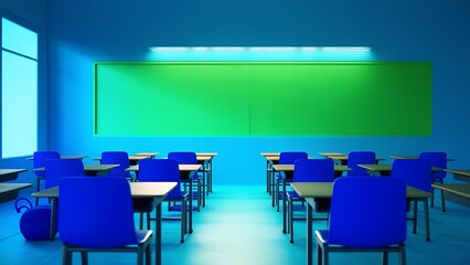 Empty classroom with colorful walls and desks, prepared for a new learning environment at dusk