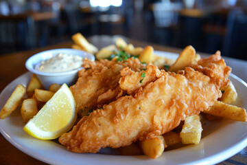 A hearty plate of Fish and Chips with crunchy, golden-brown fish fillets and soft, tender fries, accompanied by lemon wedges and tartar sauce, making for a delicious, satisfying meal, English dish