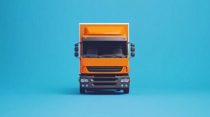Orange delivery truck on a blue background.  3D model of a modern delivery truck, frontal view, studio shot.  Bright orange cab and cargo area against a vivid blue backdrop.  Simple, clean design