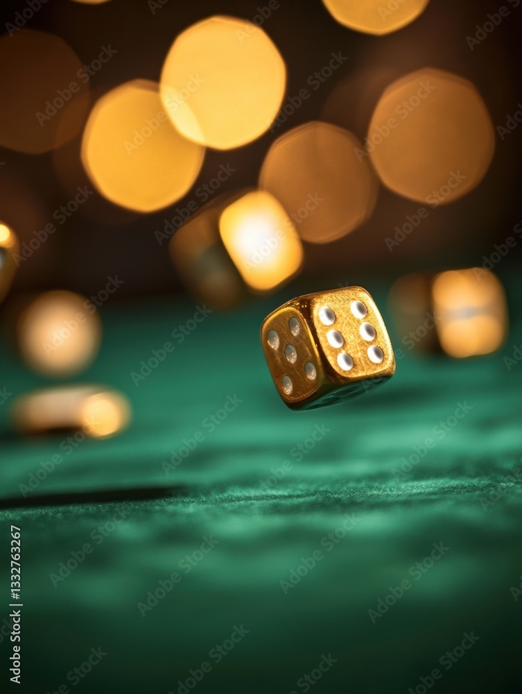 Poster golden dice rolling across a luxurious velvet casino table under glowing lights and high-stakes atmo
