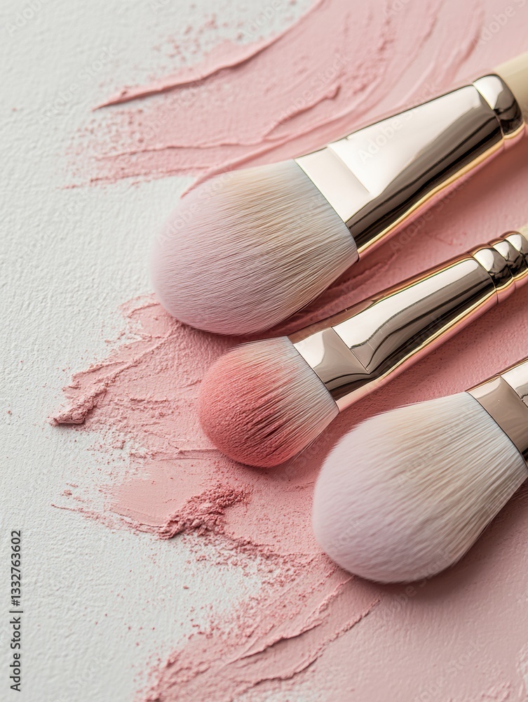 Poster makeup brushes artfully arranged with soft blush strokes on a pastel background for beauty enthusias