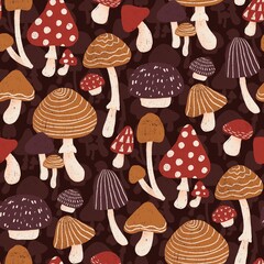 Seamless pattern with various hand drawn stilyzed mushrooms on dark brown. Perfect for textile, fabric, wrapping paper, scrapbooking, home decor, backdrop, packaging, wallpaper, bedding, clothing 