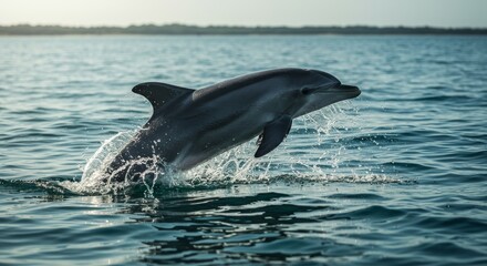 Fototapeta premium Dolphin Leaping in Ocean Water - A dolphin gracefully leaps out of the ocean water, creating a splash. The sunlit scene showcases the dolphin's sleek body and powerful movement