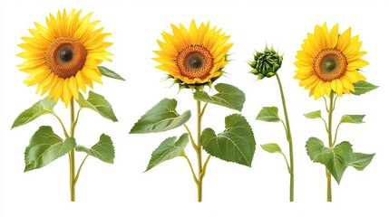 A bright and cheerful yellow sunflower collection, complete with lush green leaves, isolated against a white background--perfect as a summer floral design element.
