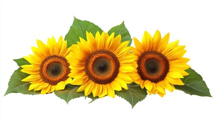 Obraz premium A bright and cheerful yellow sunflower collection, complete with lush green leaves, isolated against a white background--perfect as a summer floral design element.