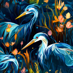 Obraz premium Seamless pattern of elegant blue herons surrounded by lush green foliage and yellow flowers on a dark background