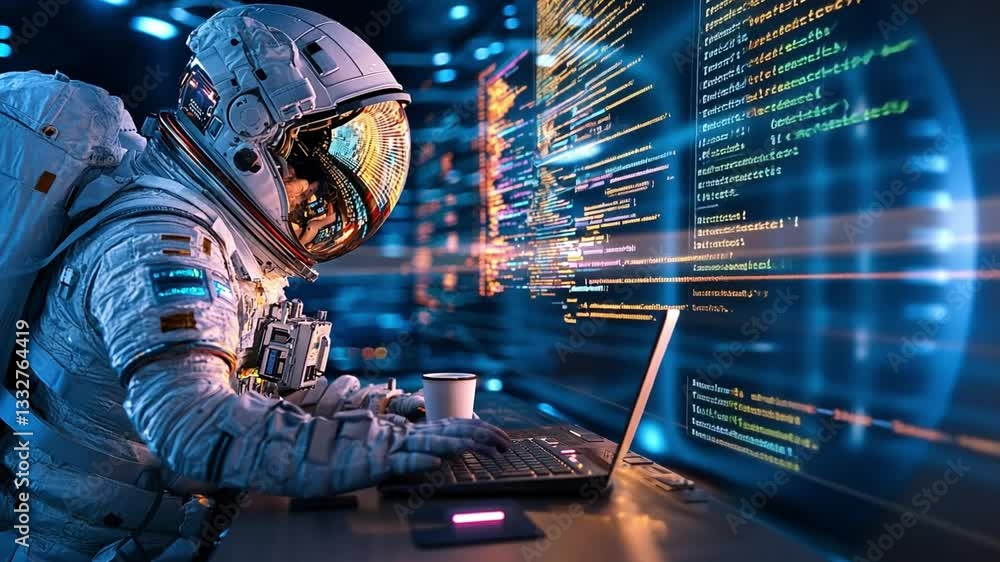 Poster astronaut working on laptop in futuristic digital environment with glowing code