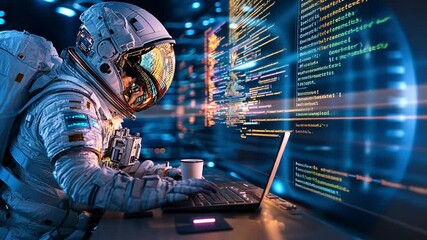 Astronaut working on laptop in futuristic digital environment with glowing code - Powered by Adobe