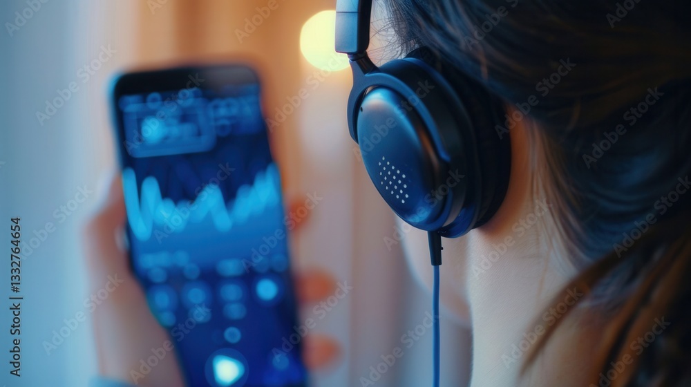 Aufkleber Close-up of headphones and smartphone displaying a music app in a cozy modern setting for music enthusiasts Generative AI