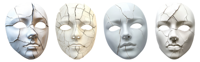 Cracked Masks Symbolizing Emotional Distress and Human Experience, Isolated on Transparent Background