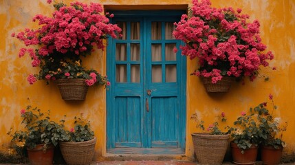 Vibrant yellow wall, charming blue door adorned with pink flowers and baskets